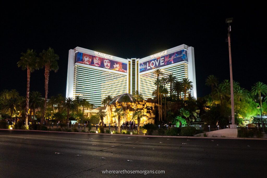 Mirage hotel in Las Vegas lit up at night with the Volcano below