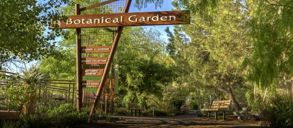 Las Vegas Springs Preserve Botanic Gardens sign and trees
