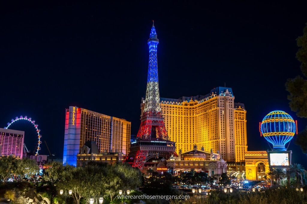 Replica Eiffel Tower at Paris Las Vegas hotel lit up against the dark night sky