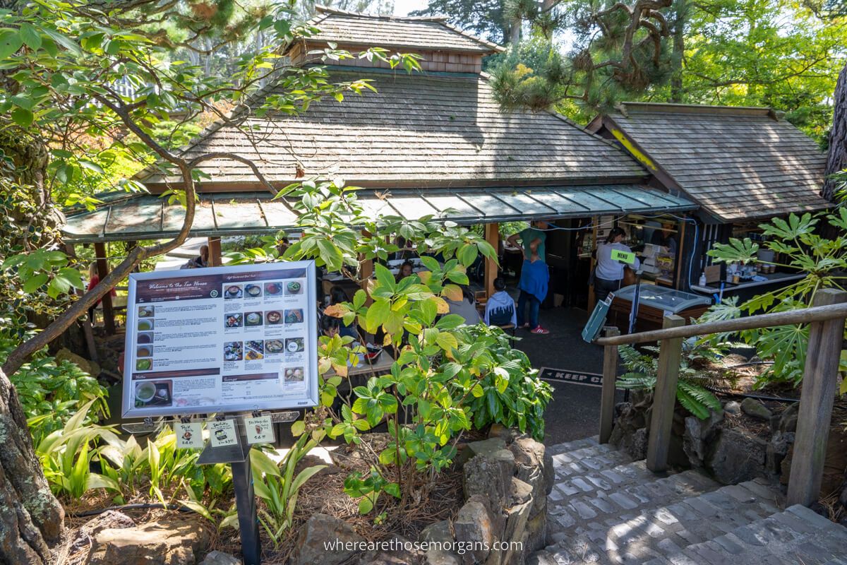 Visitors enjoying snacks and beverages in a Japanese Tea House in San Francisco
