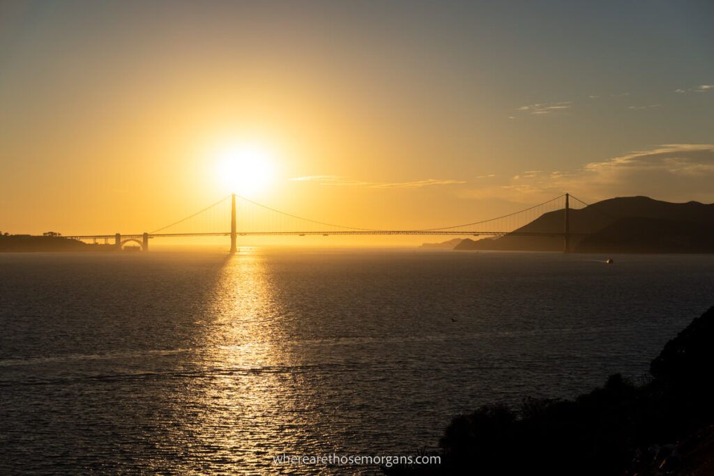 Sun setting over the San Francisco Bay and the Golden Gate Bridge