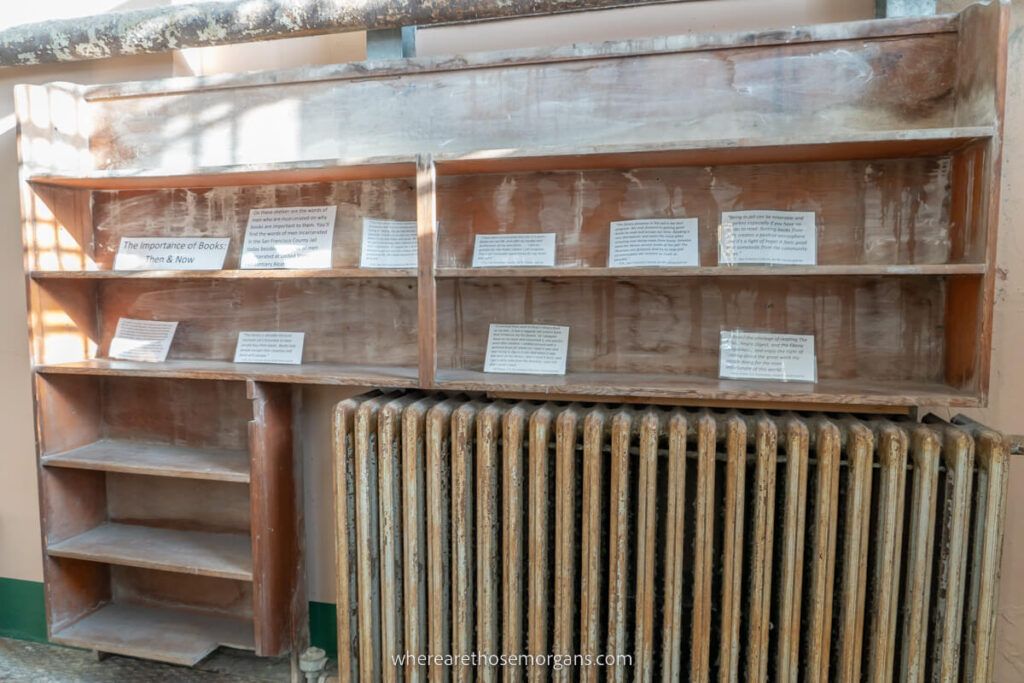 Old bookshelves and quotes left from prisoners in Alcatraz