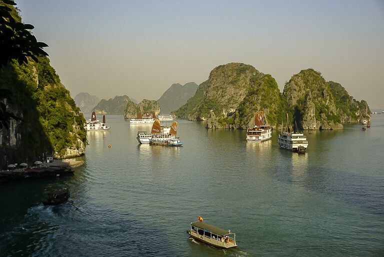 Junk boats floating in Halong Bay Vietnam