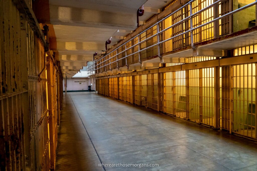 Row of empty prison cells on Alcatraz Island