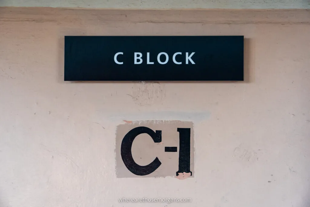 C block sign on a prison wall
