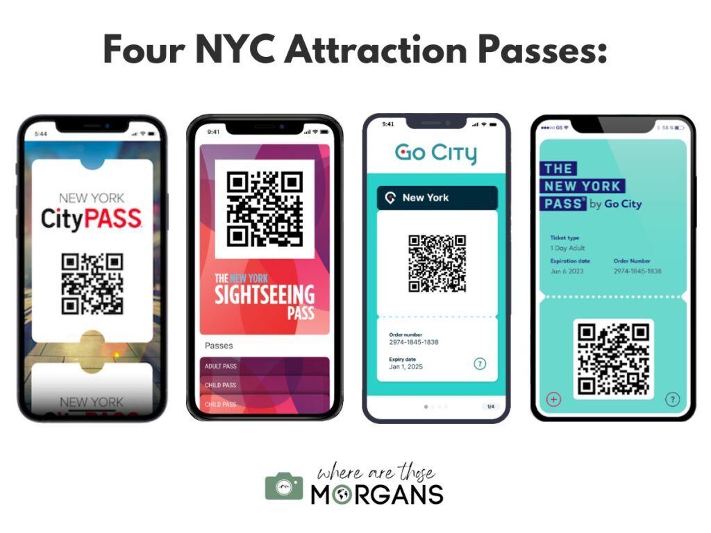 Four major nyc attraction passes displayed in iPhones