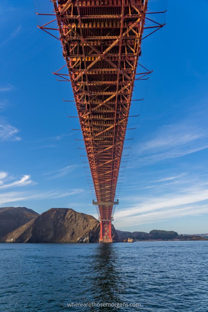 Perspective shot from underneath the Golden Gate Bridge