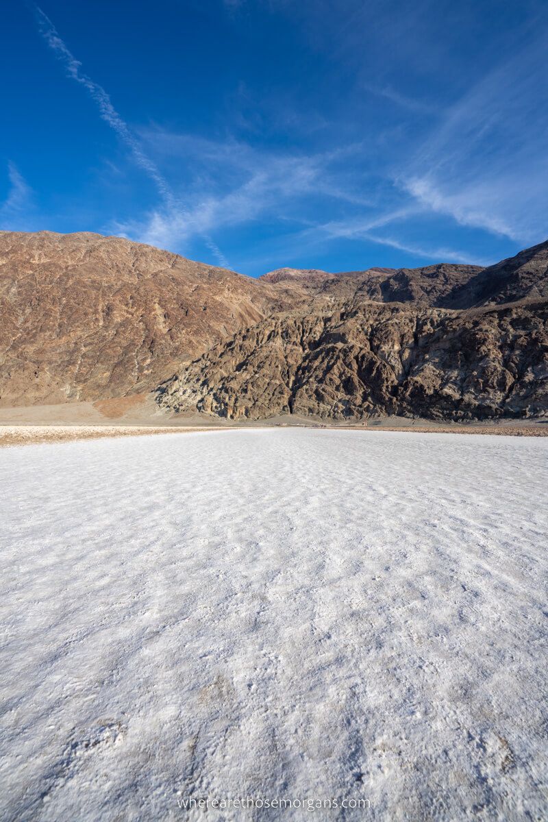 Badwater Basin lowest point in the US salt crystals on a sunny day in December with no crowds