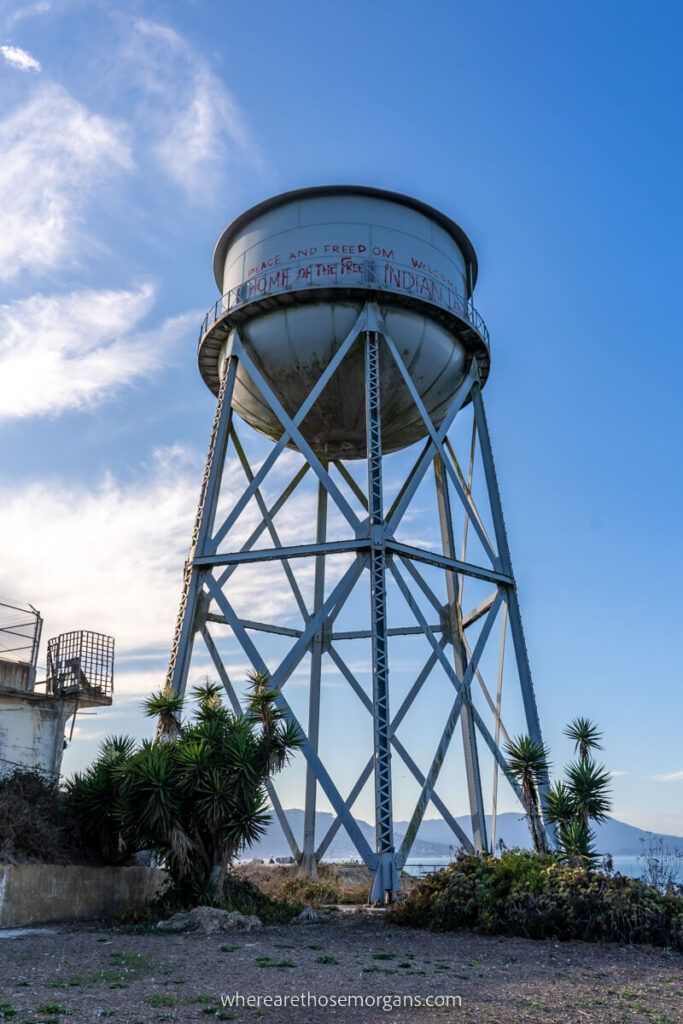 Old water tower on Alcatraz Island with graffiti from Indian occupation