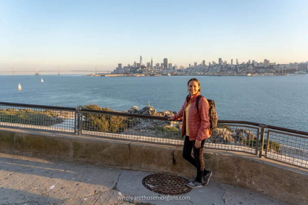 Woman enjoying the view of San Francisco Bay from Alcatraz Island