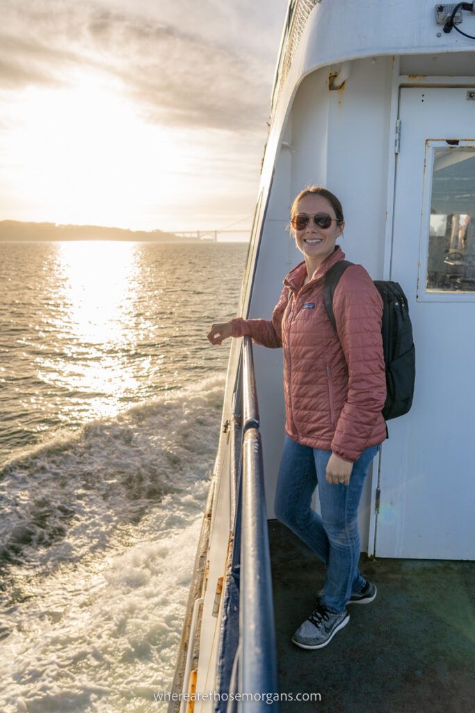 Woman posing for a photo on the Blue and Gold Fleet of San Francisco Bay