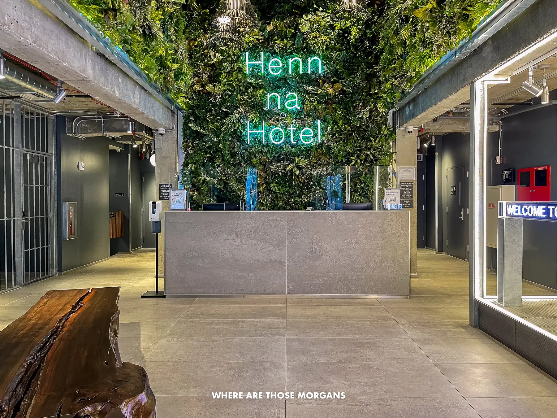 The lobby of Henn na Hotel in New York with nobody inside and neon letters spelling out the hotel name
