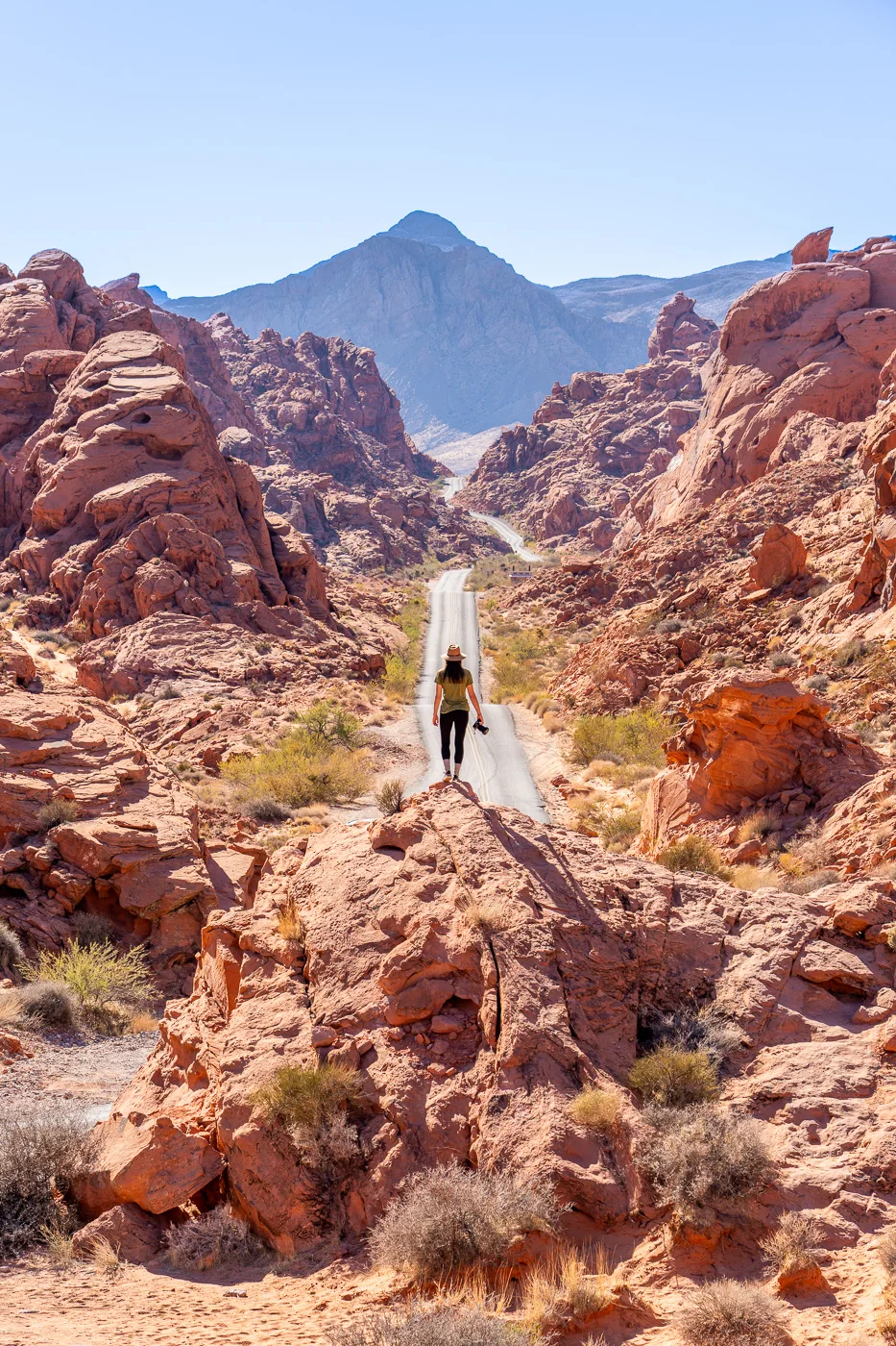 Photo of Kristen Morgan from Where Are Those Morgans standing on red rocks in the distance with a narrow road leading into a rocky canyon and mountains in Valley of Fire State Park