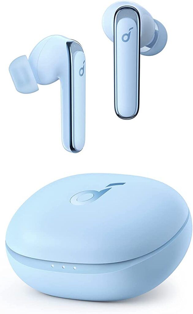 Light blue wireless headphones made by Anker soundcore