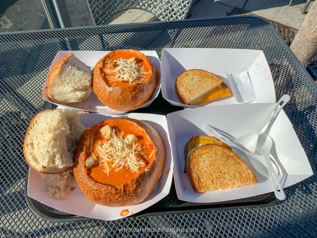 Soup in sourdough bread bowls with cheese toastie one of the best things to eat in San Francisco
