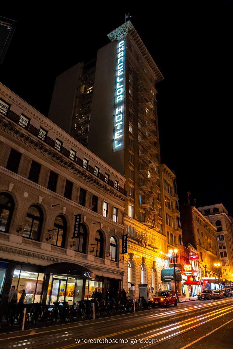 Hotel building in Union Square SF at night