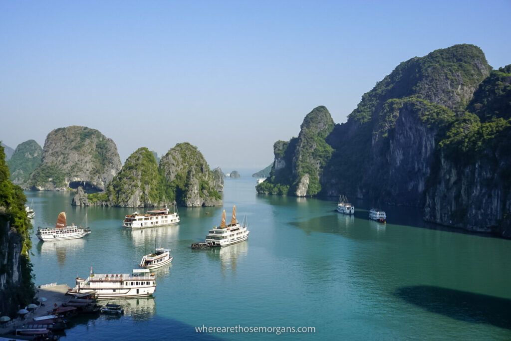 Several junk boats floating on the waters of halong bay