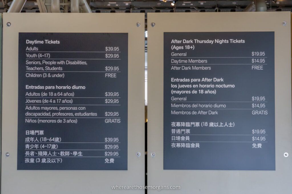 Information boards showing the Exploratorium ticket prices