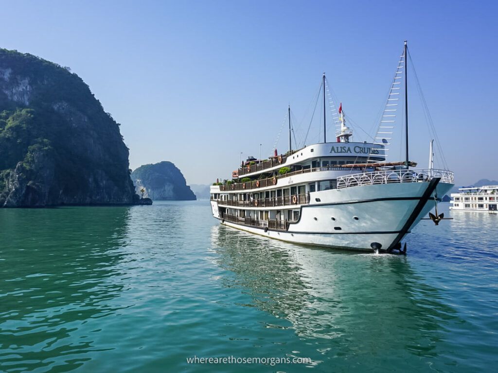 Alisa Cruise junk boat floating in Halong Bay in northern Vietnam