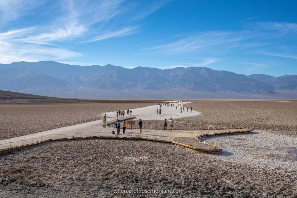 Badwater Basin salt flats surrrounded by dry scorched earth