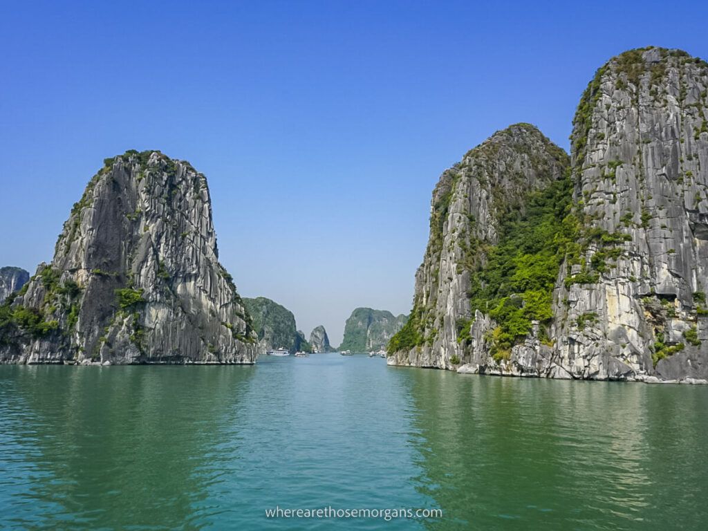 Large limestone karsts jutting out of Halong Bay a popular tourist destination in Vietnam