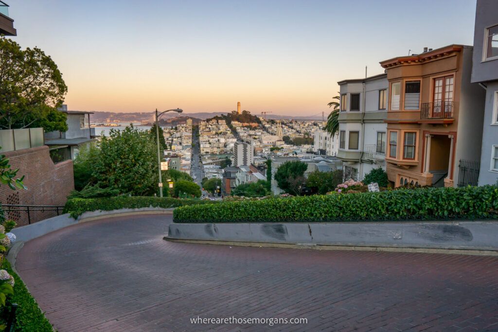 View of Coit Tower from Lombard Street in San Francisco