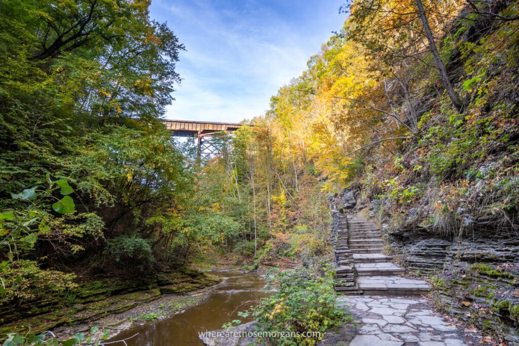 Railway bridge at the start of Jacob's Ladder in new york surrounded by colorful leaves in fall