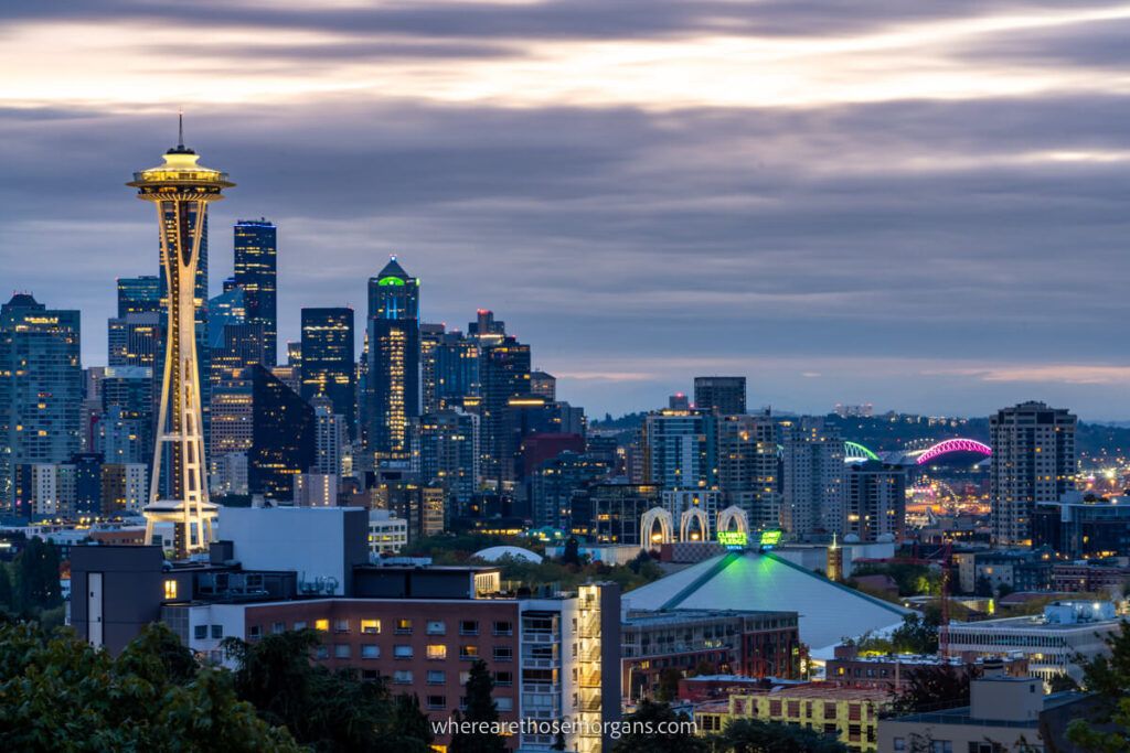 Seattle skyline lit up at night