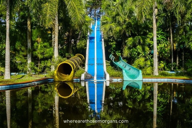 Three colorful slides at the abandoned waterpark in Hue