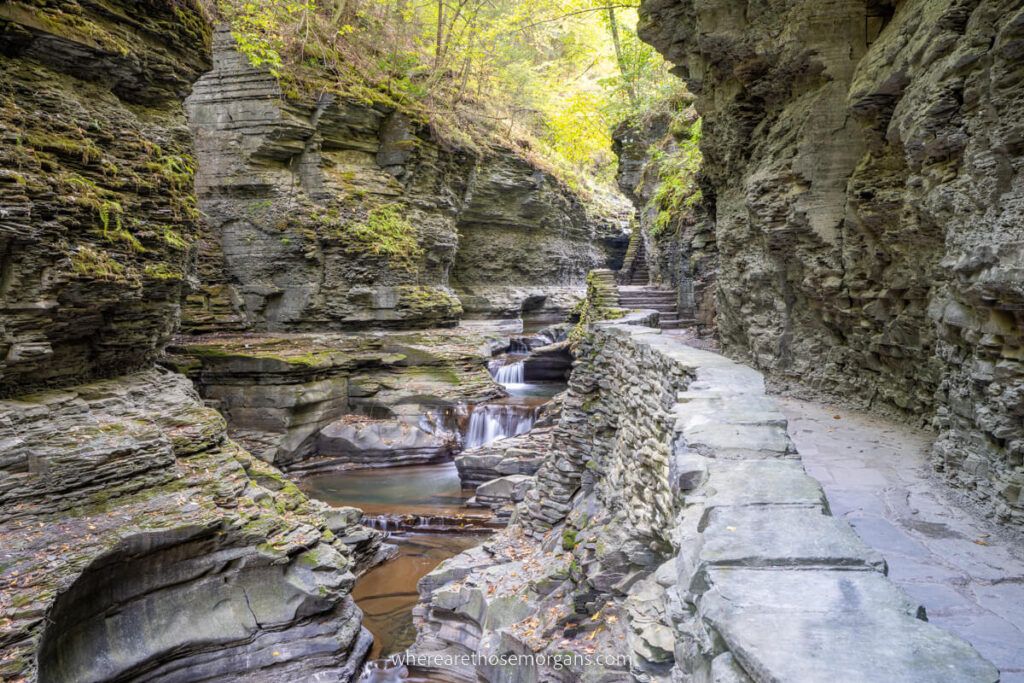 Beautiful gorge trail with waterfalls and stone path in new york