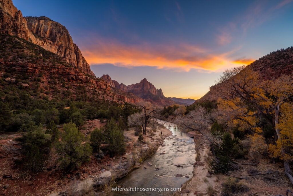 Stunning sunset over the Virgin River and Zion National Park