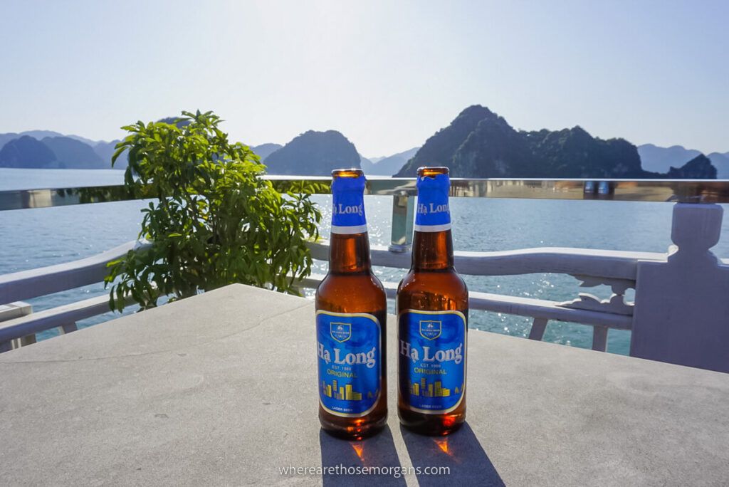 Two ice cold Ha Long beers on a table