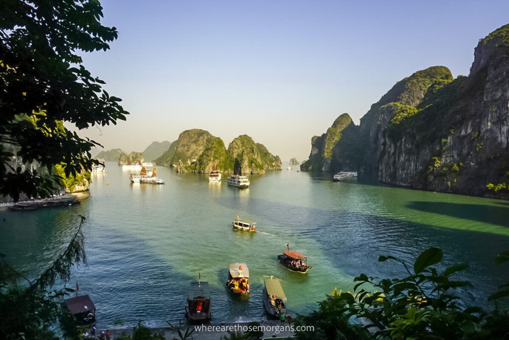 View of junk boats from inside Sung Sot cave in Halong Bay