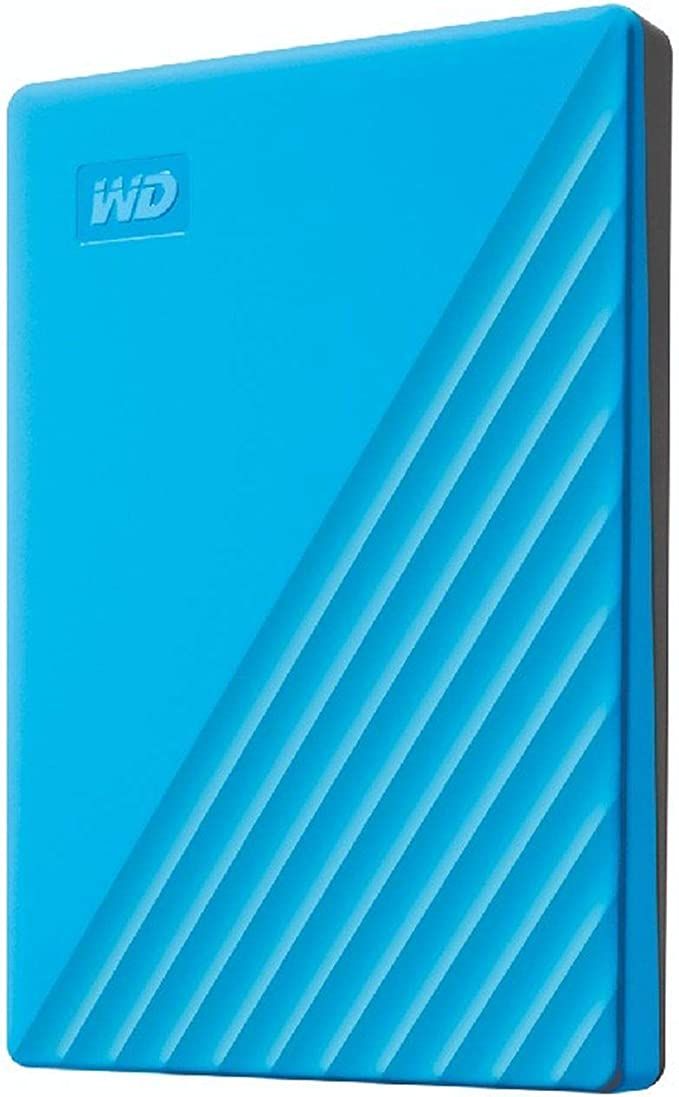 Bright blue WD Passport External Hard Drive to backup media and photos