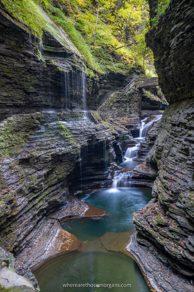 Rainbow Falls Watkins Glen with green leaves waterfalls and plunge pools stunning Gorge Trail photo