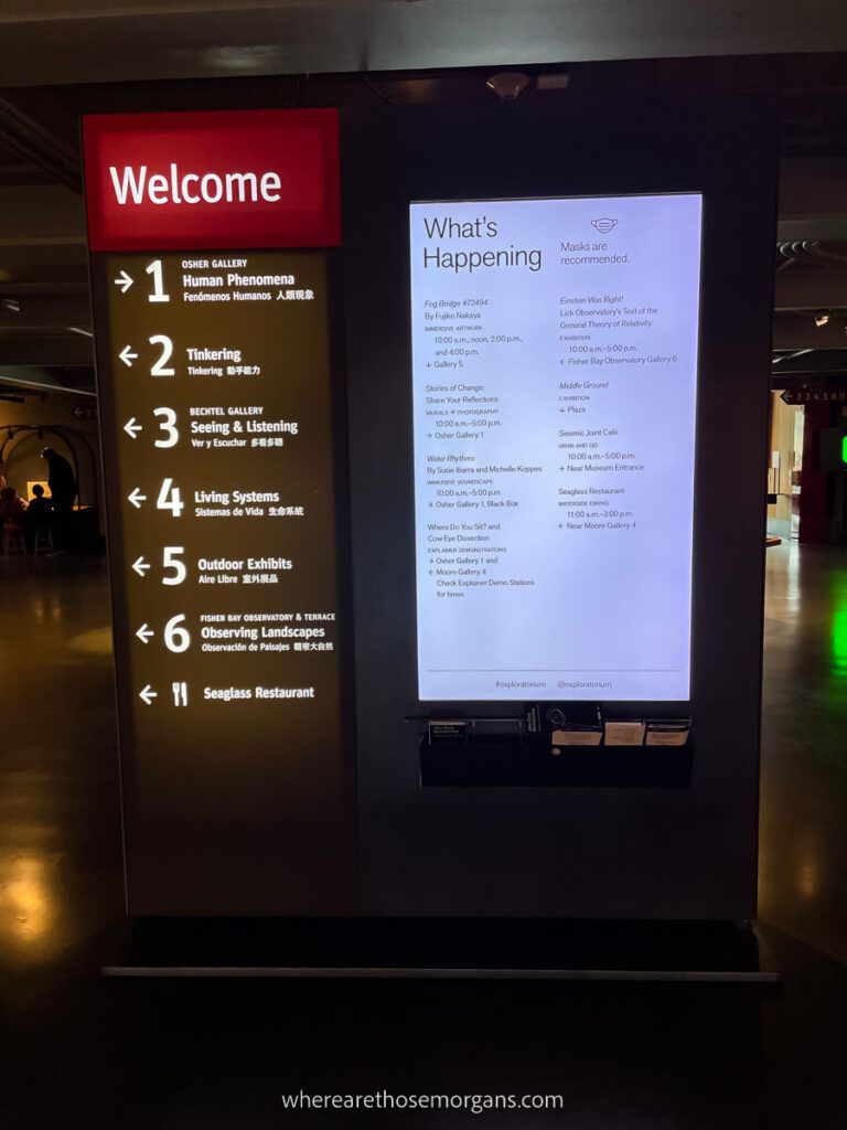 Welcome sign with events at the Exploratorium