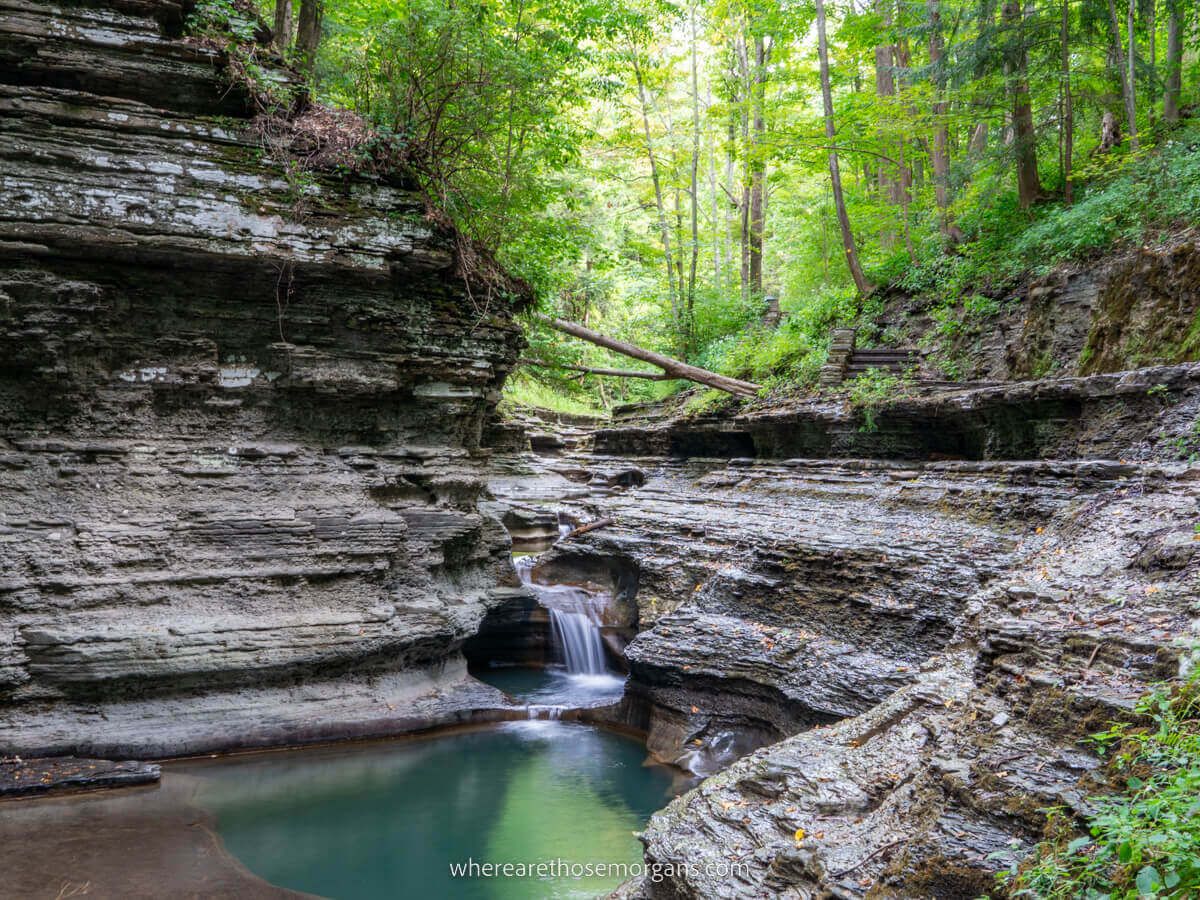 Small waterfall plunging into a shallow pool at Buttermilk Falls State Park