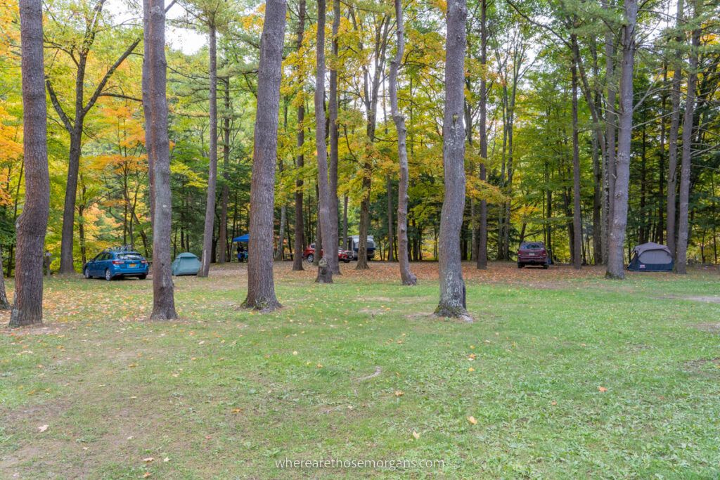 Stony Brook State Park campsites with tents and cars