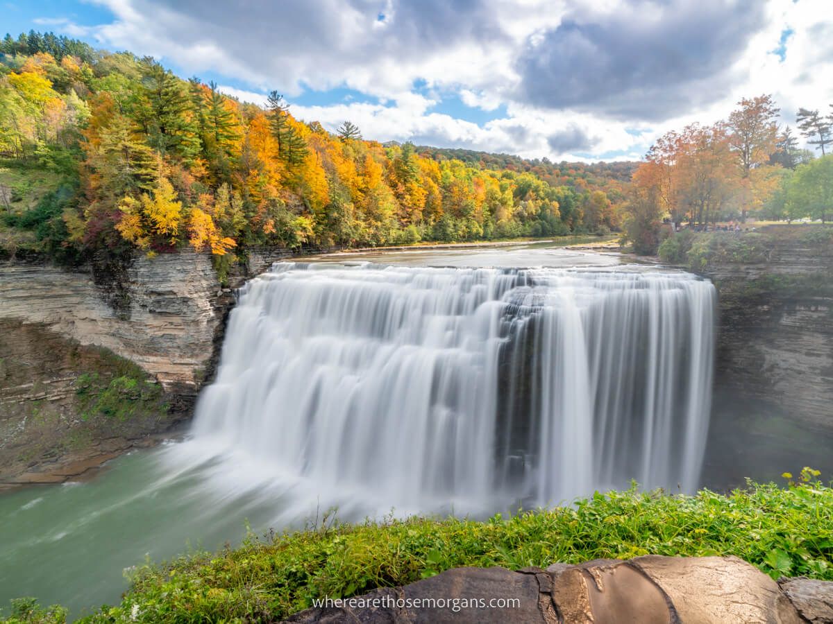 Front on view of Middle Falls from a stone observation platform