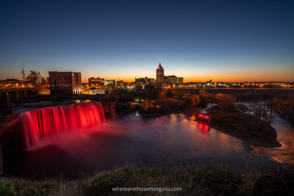 High falls in Rochester NY lit up red at night