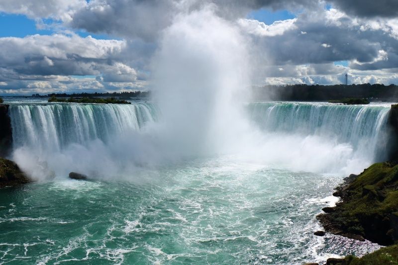 Extremely large horseshoe falls on both the American and Canadian side of Niagara Falls