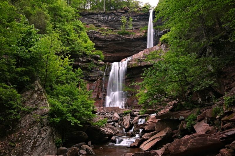 Two plunging waterfalls of Kaaterskill Falls in upstate NY