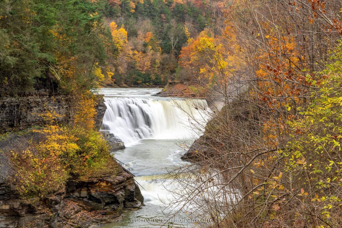 Lower Falls surrounded by fall foliage at Letchworth