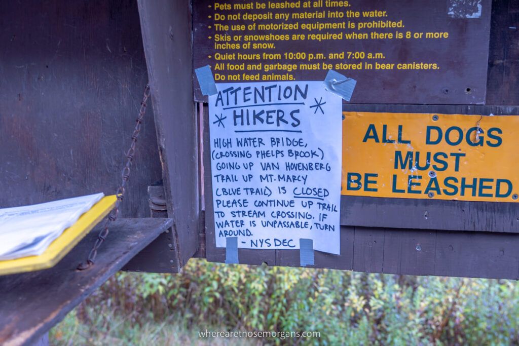 Sign in for hiking up Mount Marcy via the Van Hoevenberg trail