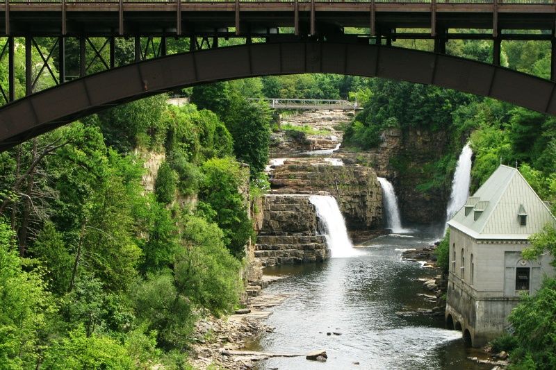 Framed photo of metal bridge with Ausable Chasm