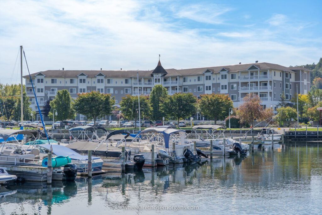 Exterioe view of the Seneca Lake Harbor Hotel and the marina