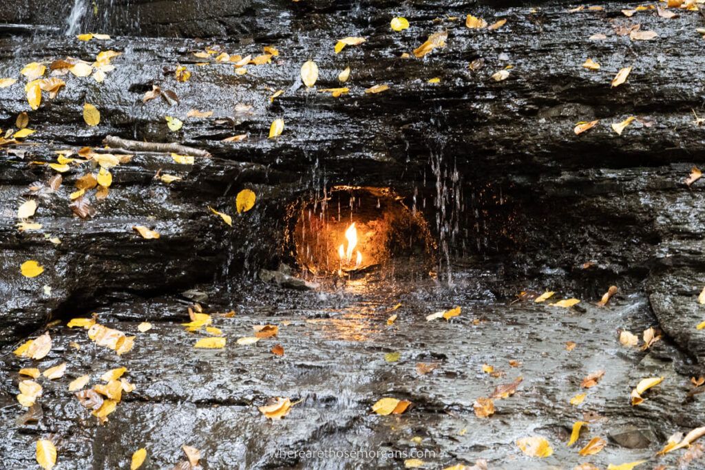 Close up view of small fire at Eternal Flame Falls