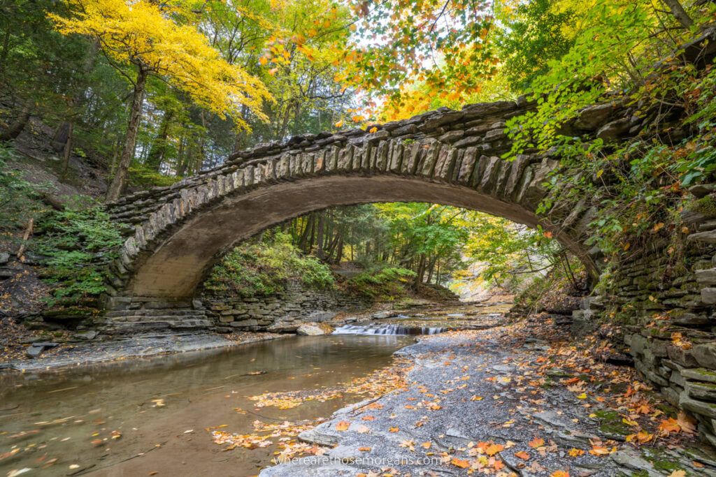 Stone bridge and fall foliage in Stony Brook State Park