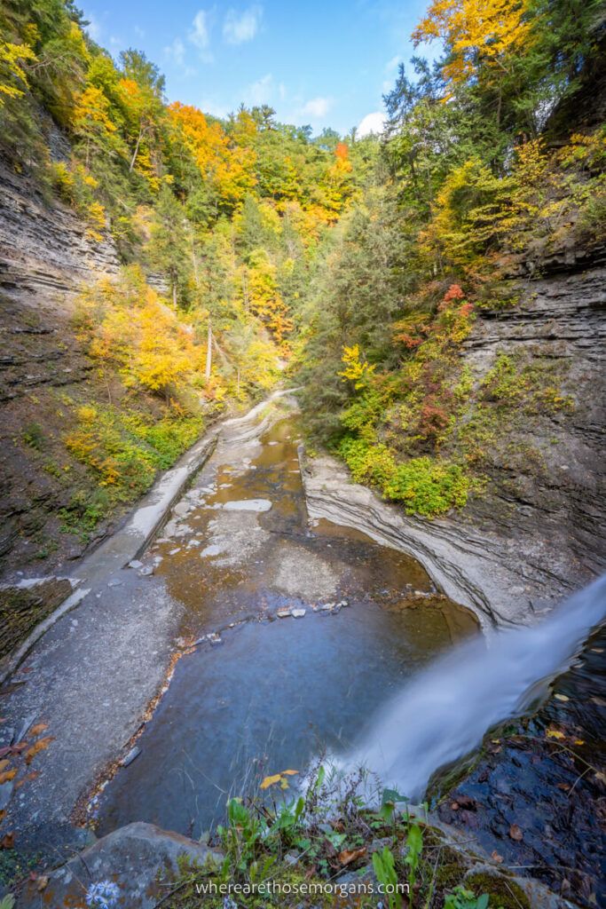 Fall foliage along the Stony Brook Gorge with a waterfall
