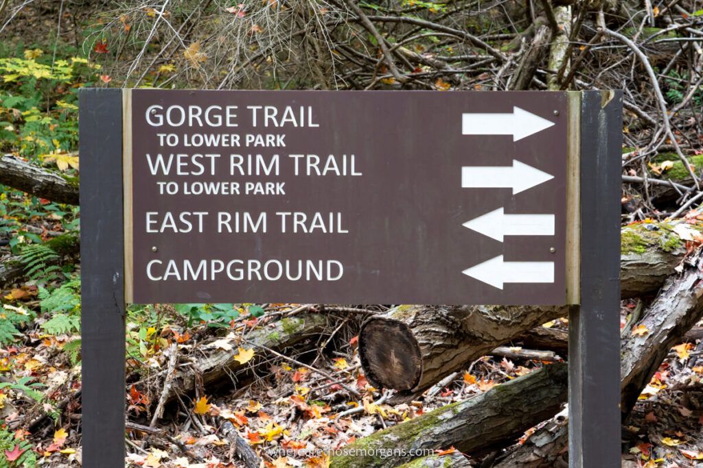 Gorge, East Rim, West Rim and Campground sign at Stony Brook